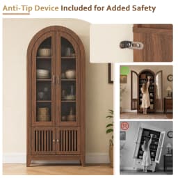 TCGBKAF Modern Farmhouse 68.9" Tall Arched Display Cabinet, Wooden Glass Door Pantry Cabinet with Adjustable Shelf for Living Room, Dining Room, Entryway Home Furniture