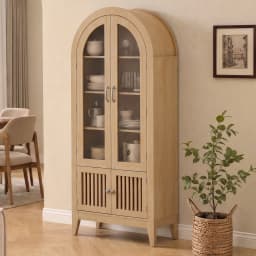 TCGBKAF Modern Farmhouse 68.9" Tall Arched Display Cabinet, Wooden Glass Door Pantry Cabinet with Adjustable Shelf for Living Room, Dining Room, Entryway Home Furniture