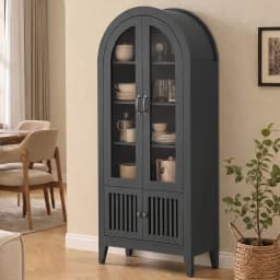 TCGBKAF Modern Farmhouse 68.9" Tall Arched Display Cabinet, Wooden Glass Door Pantry Cabinet with Adjustable Shelf for Living Room, Dining Room, Entryway Home Furniture