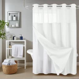 No Hook Shower Curtain With Snap In Fabric Liner, Waffle Weave Heavy Duty Thick Shower Curtains With Mesh Top Window, Hotel Style Waterproof Bathroom Curtain Set, White Fall Decor Bathroom Decor
