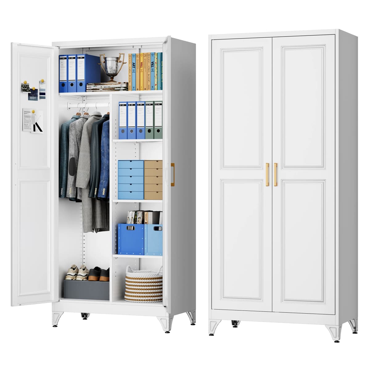 SteeLoong 71"H Metal Modern Armoire White Adult Wardrobe Cabinet with 2 Doors Hanging Rod and Adjustable Shelves
