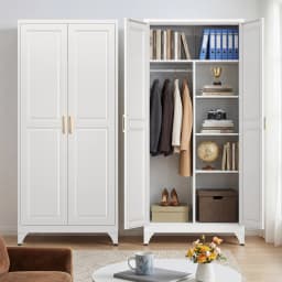 SteeLoong 71"H Metal Modern Armoire White Adult Wardrobe Cabinet with 2 Doors Hanging Rod and Adjustable Shelves