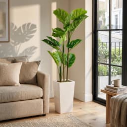 4.5FT Artificial Monstera Plant with White Tall Planter, Faux Tropical Evergreen Floor Plant, Decorative Indoor Tree for Living Room, Entryway, Porch & Office