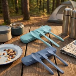 Zoyiancy 2 Set Portable Utensils With Case, Teal And Slate Blue Travel Spoon Fork Knife Lunch Flatware