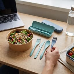 Zoyiancy 2 Set Portable Utensils With Case, Teal And Slate Blue Travel Spoon Fork Knife Lunch Flatware