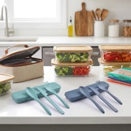 Zoyiancy 2 Set Portable Utensils With Case, Teal And Slate Blue Travel Spoon Fork Knife Lunch Flatware