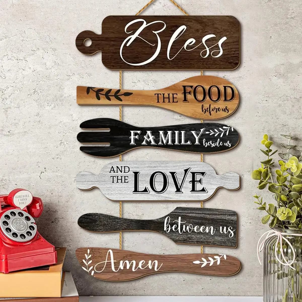 1 Set Prayer Bless The Food Before Us Wooden Hanging Sign, Farmhouse Kitchen Wall Decor, Rustic Cookware‑Shaped Wood Plaques for Warm Family Dinner Country Dining Room Wall Art,for Christian/Thanksgiving