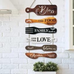 1 Set Prayer Bless The Food Before Us Wooden Hanging Sign, Farmhouse Kitchen Wall Decor, Rustic Cookware‑Shaped Wood Plaques for Warm Family Dinner Country Dining Room Wall Art,for Christian/Thanksgiving