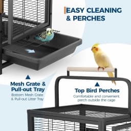 Portable Bird Cage, 19x15x25.5in, Wrought Iron, 2-in-1 Wooden Perch Handle, Removable Deep Tray, For Parakeets, Cockatiels, Budgies & Canaries,Outdoor Activity