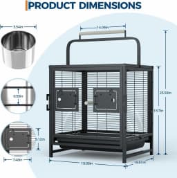 Portable Bird Cage, 19x15x25.5in, Wrought Iron, 2-in-1 Wooden Perch Handle, Removable Deep Tray, For Parakeets, Cockatiels, Budgies & Canaries,Outdoor Activity