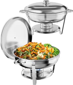 TacleeKii 2 4 6 Pack 5QT Round Chafing Dish Buffet Set With Glass Lids Stainless Steel Buffet Food Warmer Set with Serving Spoon & Tweezers for Party