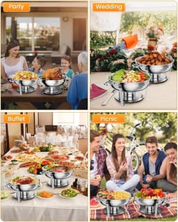 TacleeKii 2 4 6 Pack 5QT Round Chafing Dish Buffet Set With Glass Lids Stainless Steel Buffet Food Warmer Set with Serving Spoon & Tweezers for Party