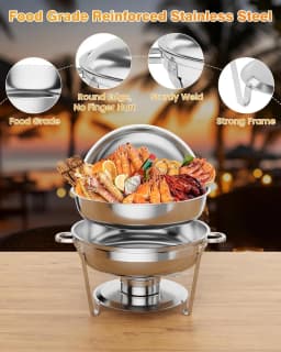 TacleeKii 2 4 6 Pack 5QT Round Chafing Dish Buffet Set With Glass Lids Stainless Steel Buffet Food Warmer Set with Serving Spoon & Tweezers for Party