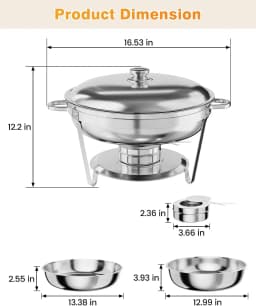 TacleeKii 2 4 6 Pack 5QT Round Chafing Dish Buffet Set With Glass Lids Stainless Steel Buffet Food Warmer Set with Serving Spoon & Tweezers for Party