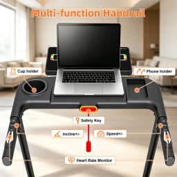 Folding Treadmill with 15‑Level Auto Incline 3.0HP Quiet Motor 0.6‑7.5MPH Speed 330LBS Capacity Wide Running Belt 8 Shock Absorbers Multi‑Function Handrail Cup Phone Holder Safety Key Heart Rate Monitor Home Indoor Walking Running Exercise Machine