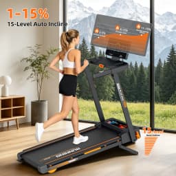 Folding Treadmill with 15‑Level Auto Incline 3.0HP Quiet Motor 0.6‑7.5MPH Speed 330LBS Capacity Wide Running Belt 8 Shock Absorbers Multi‑Function Handrail Cup Phone Holder Safety Key Heart Rate Monitor Home Indoor Walking Running Exercise Machine