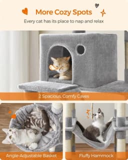 Feandrea Cat Tree, 81.1-Inch Large Cat Tower With 13 Scratching Posts, 2 Perches, 2 Caves, Basket, Hammock, Pompoms, Multi-Level Plush Cat Condo For Indoor Cats, Light Gray
