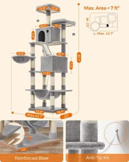 Feandrea Cat Tree, 81.1-Inch Large Cat Tower With 13 Scratching Posts, 2 Perches, 2 Caves, Basket, Hammock, Pompoms, Multi-Level Plush Cat Condo For Indoor Cats, Light Gray