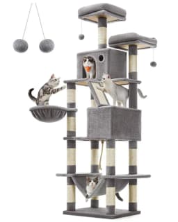 Feandrea Cat Tree, 81.1-Inch Large Cat Tower With 13 Scratching Posts, 2 Perches, 2 Caves, Basket, Hammock, Pompoms, Multi-Level Plush Cat Condo For Indoor Cats, Light Gray