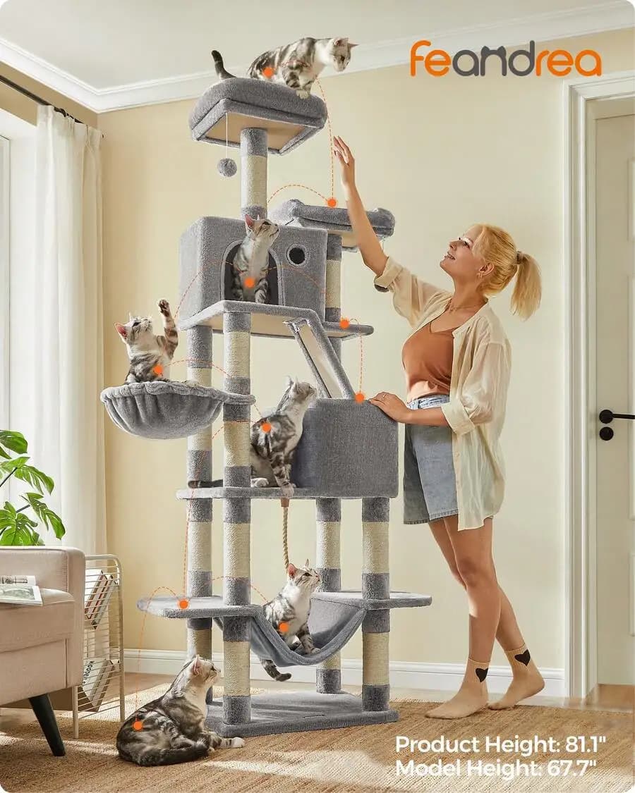 Feandrea Cat Tree, 81.1-Inch Large Cat Tower With 13 Scratching Posts, 2 Perches, 2 Caves, Basket, Hammock, Pompoms, Multi-Level Plush Cat Condo For Indoor Cats, Light Gray