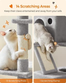 Feandrea Cat Tree, 81.1-Inch Large Cat Tower With 13 Scratching Posts, 2 Perches, 2 Caves, Basket, Hammock, Pompoms, Multi-Level Plush Cat Condo For Indoor Cats, Light Gray