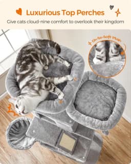 Feandrea Cat Tree, 81.1-Inch Large Cat Tower With 13 Scratching Posts, 2 Perches, 2 Caves, Basket, Hammock, Pompoms, Multi-Level Plush Cat Condo For Indoor Cats, Light Gray