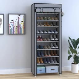 Large Capacity 10 Tier Shoe Rack Organizer with Dustproof Cover Space Saving 9 Grids Freestanding Shoe Storage Cabinet Adjustable Standing Shelf for Hallway Entryway Closet Home Furniture