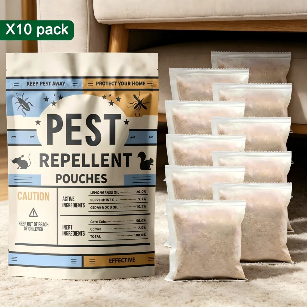 Pest Control Pouches, Mice Repellent Indoor, Rodent Repellent, Mouse Deterrents, Rat Repellent for House, Roach, Spider, Ant, Mosquito, Silverfish and Lizard Repellent - 10P