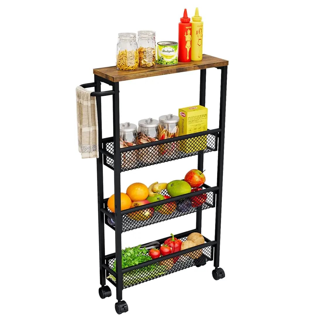 4/5 Tier Slim Rolling Cart Narrow Storage Organizer Rack Mobile Utility Shelf on Wheels with MDF Wood Top Metal Handle Gap Space Saver for Kitchen Bathroom Laundry Room Pantry Office