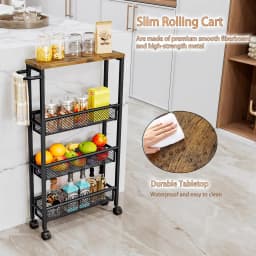 4/5 Tier Slim Rolling Cart Narrow Storage Organizer Rack Mobile Utility Shelf on Wheels with MDF Wood Top Metal Handle Gap Space Saver for Kitchen Bathroom Laundry Room Pantry Office