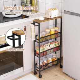 4/5 Tier Slim Rolling Cart Narrow Storage Organizer Rack Mobile Utility Shelf on Wheels with MDF Wood Top Metal Handle Gap Space Saver for Kitchen Bathroom Laundry Room Pantry Office