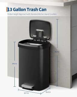 13 Gal / 50L Plastic Step Trash Can – Soft Close Lid, Liner Rim, Rear Handle, Large Kitchen Garbage Bin, Black