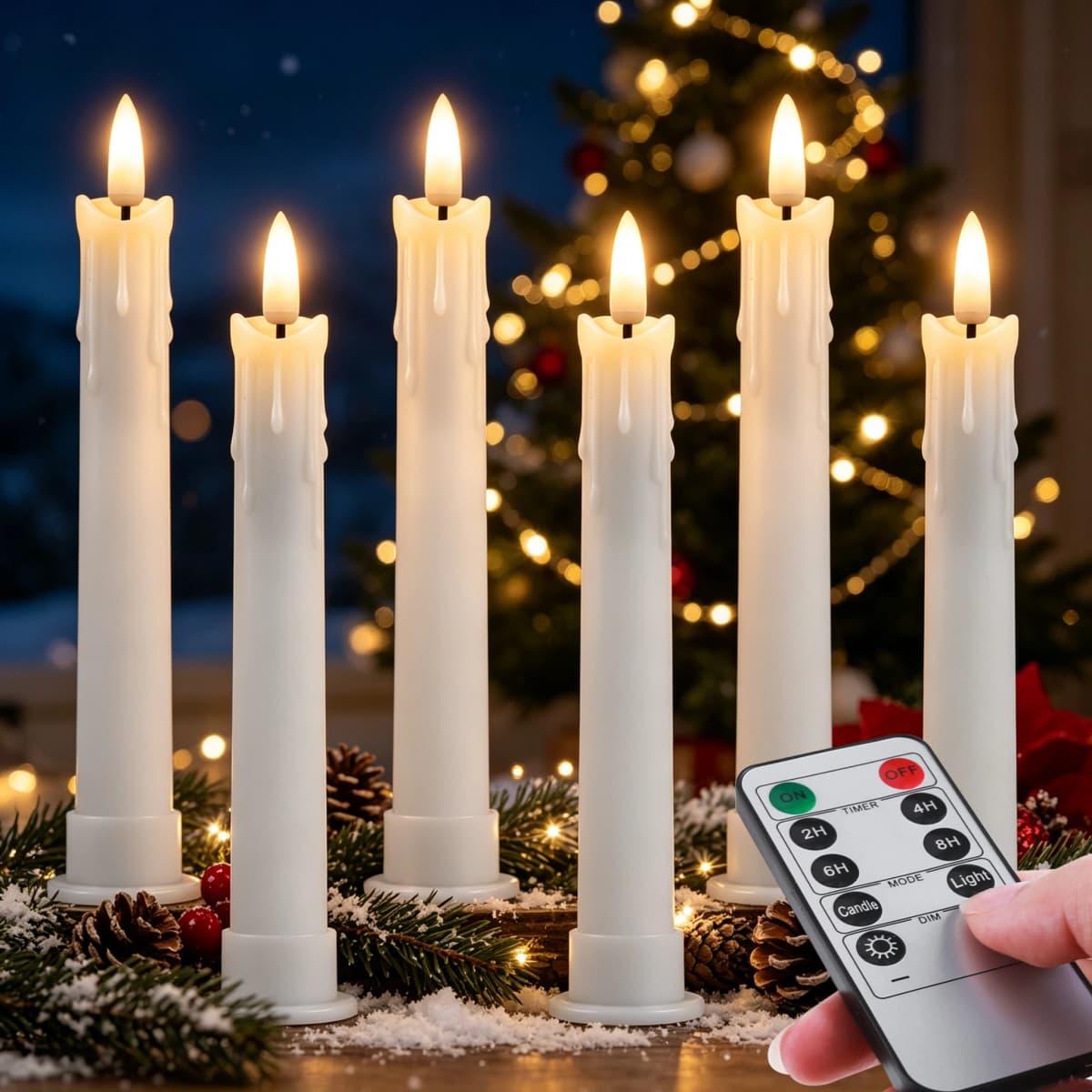 6 Pack Flameless LED Taper Candles Rechargeable Realistic Taper Flickering Electric 3D Wick LED Light Candle with Remote Control and Battery Operated Timer Led Candles for Home Decor Christmas Table