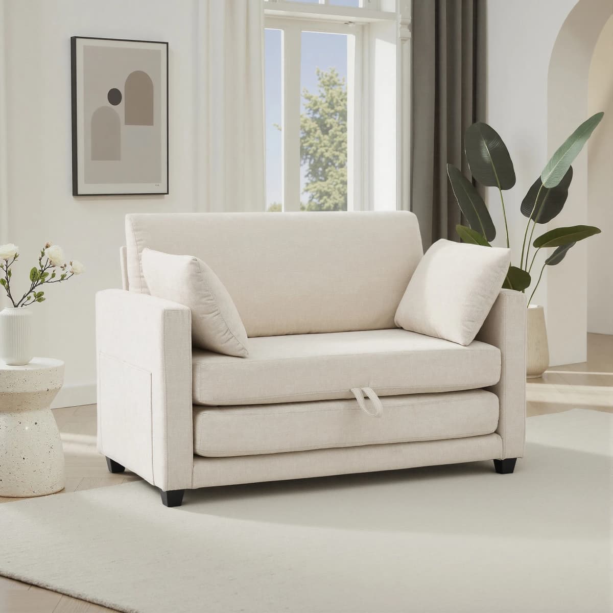 Beige Small Space 2‑in‑1 Loveseat Sleeper Sofa, Pull‑Out Fabric Sofa Bed, Vacuum Compressed No Assembly Couch with Sturdy Solid Wood Frame