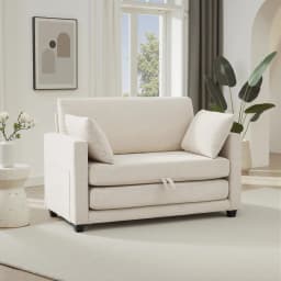 Beige Small Space 2‑in‑1 Loveseat Sleeper Sofa, Pull‑Out Fabric Sofa Bed, Vacuum Compressed No Assembly Couch with Sturdy Solid Wood Frame