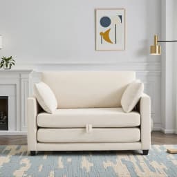 Beige Small Space 2‑in‑1 Loveseat Sleeper Sofa, Pull‑Out Fabric Sofa Bed, Vacuum Compressed No Assembly Couch with Sturdy Solid Wood Frame