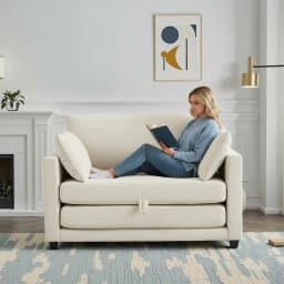 Beige Small Space 2‑in‑1 Loveseat Sleeper Sofa, Pull‑Out Fabric Sofa Bed, Vacuum Compressed No Assembly Couch with Sturdy Solid Wood Frame