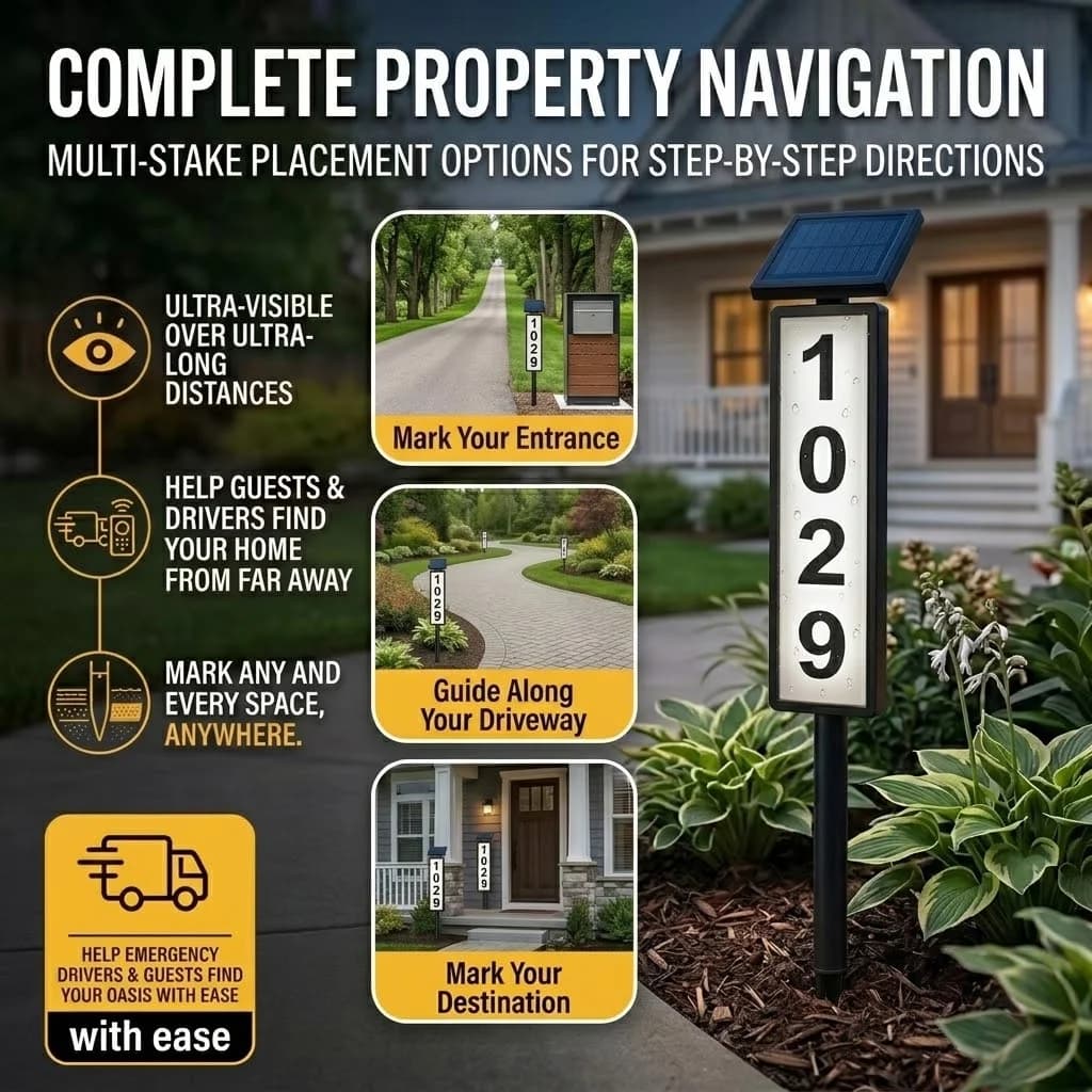 Solar Powered LED Illuminated House Address Sign,Waterproof Yard Stake Address Number Plaque,Long‑Distance Night Visibility Marker for Driveway,Guest & Delivery Navigation,Outdoor Lawn Property Marker Sign