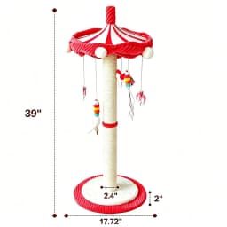 39“ Tall Carousel Cat Scratching Post with Hanging Toys Cat Tree Tower with Rotating Top 17.7" Stable Base Interactive Toys For Indoor Kittens and Adult Cats Climbing