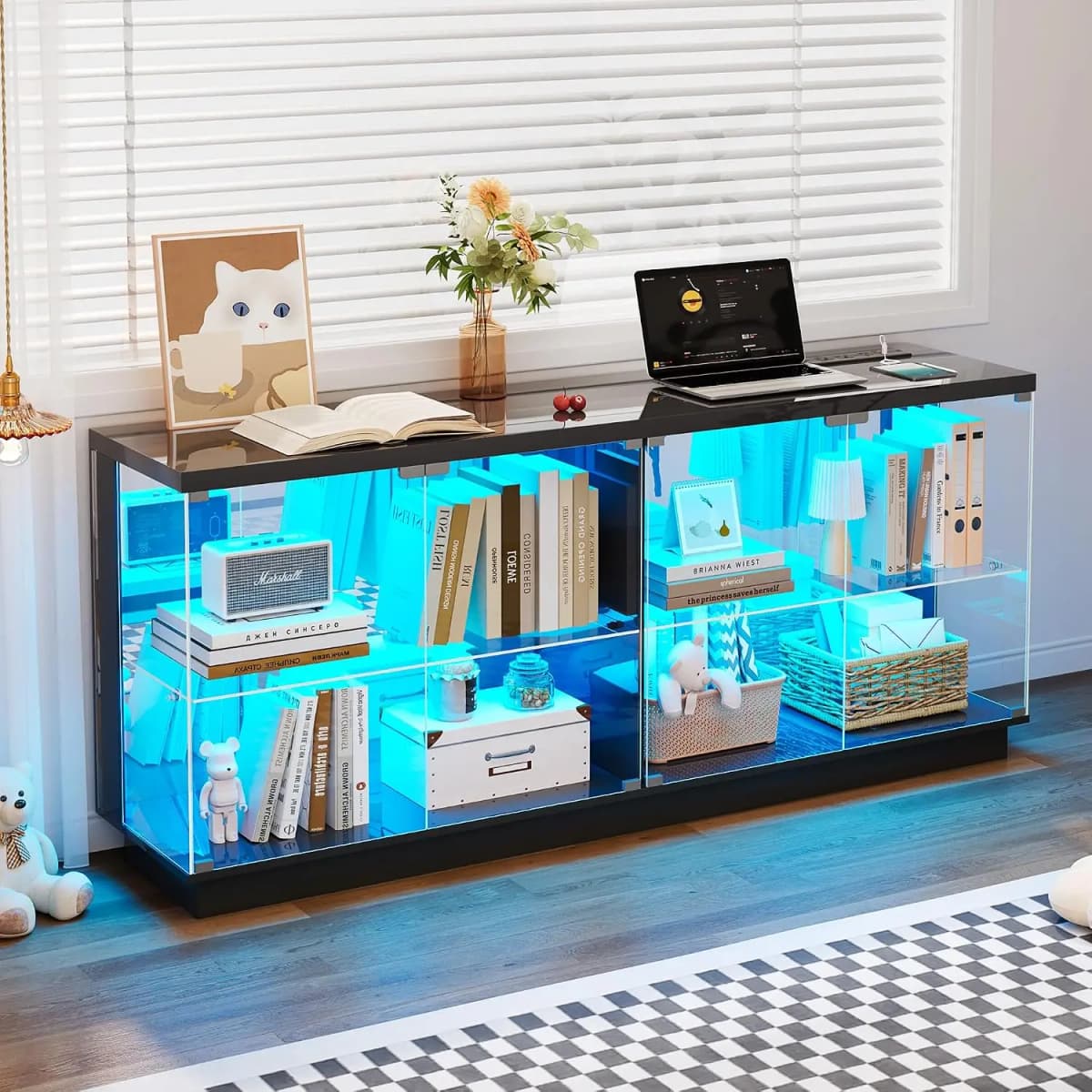 Glass Display Cabinet - with Glass Door,59" Clear Tempered Display Case with Charging Station & Human Body Sensor, Customized