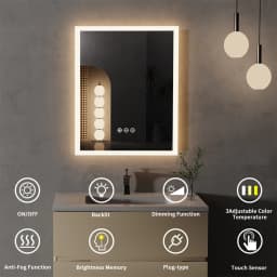 LED Bathroom Mirror 400x500mm Wall Mounted Mirror Anti-Fog Dimmable Vanity Mirror 3 Colors with Light Memory - CRI95