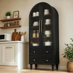 Vongrasig 71" Tall Pantry Cabinet Glass Doors 2 Drawers 6-Tier Rustic Storage Cupboard Kitchen Bathroom Black