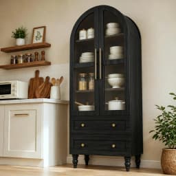 Vongrasig 71" Tall Pantry Cabinet Glass Doors 2 Drawers 6-Tier Rustic Storage Cupboard Kitchen Bathroom Black