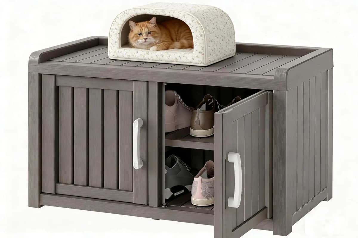 Shoe Storage Cabinet Waterproof UV-Resistant, Entryway Storage Bench Indoor Outdoor With 2 Barn Doors, Adjustable, Customized
