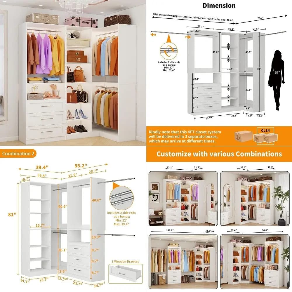 System with 3 Wood Drawers, 58FT Closet Organizer System with Cuttable Shelves for Walk in Closet with 3 Expandable Hanging Rod
