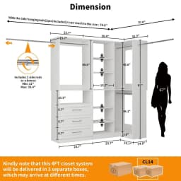 System with 3 Wood Drawers, 58FT Closet Organizer System with Cuttable Shelves for Walk in Closet with 3 Expandable Hanging Rod