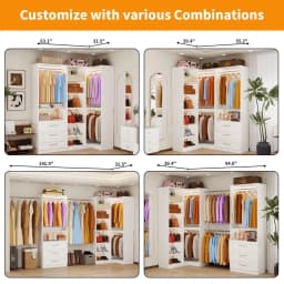 System with 3 Wood Drawers, 58FT Closet Organizer System with Cuttable Shelves for Walk in Closet with 3 Expandable Hanging Rod