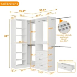 System with 3 Wood Drawers, 58FT Closet Organizer System with Cuttable Shelves for Walk in Closet with 3 Expandable Hanging Rod