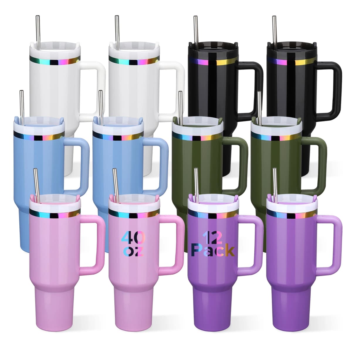 12 Pack 40 oz Rainbow Coating Stainless Steel Leak-proof Thermal Tumbler, for Laser Engraving, Hot and Cold