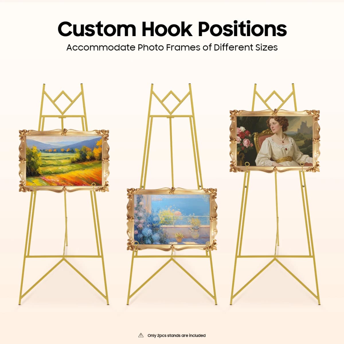 2Pack Gold Easel Stand Display Frame Holder Heavy Duty Steel Poster Rack Adjustable Tilt Chain Hooks for Wedding Photo Art Show Party Sign Advertising